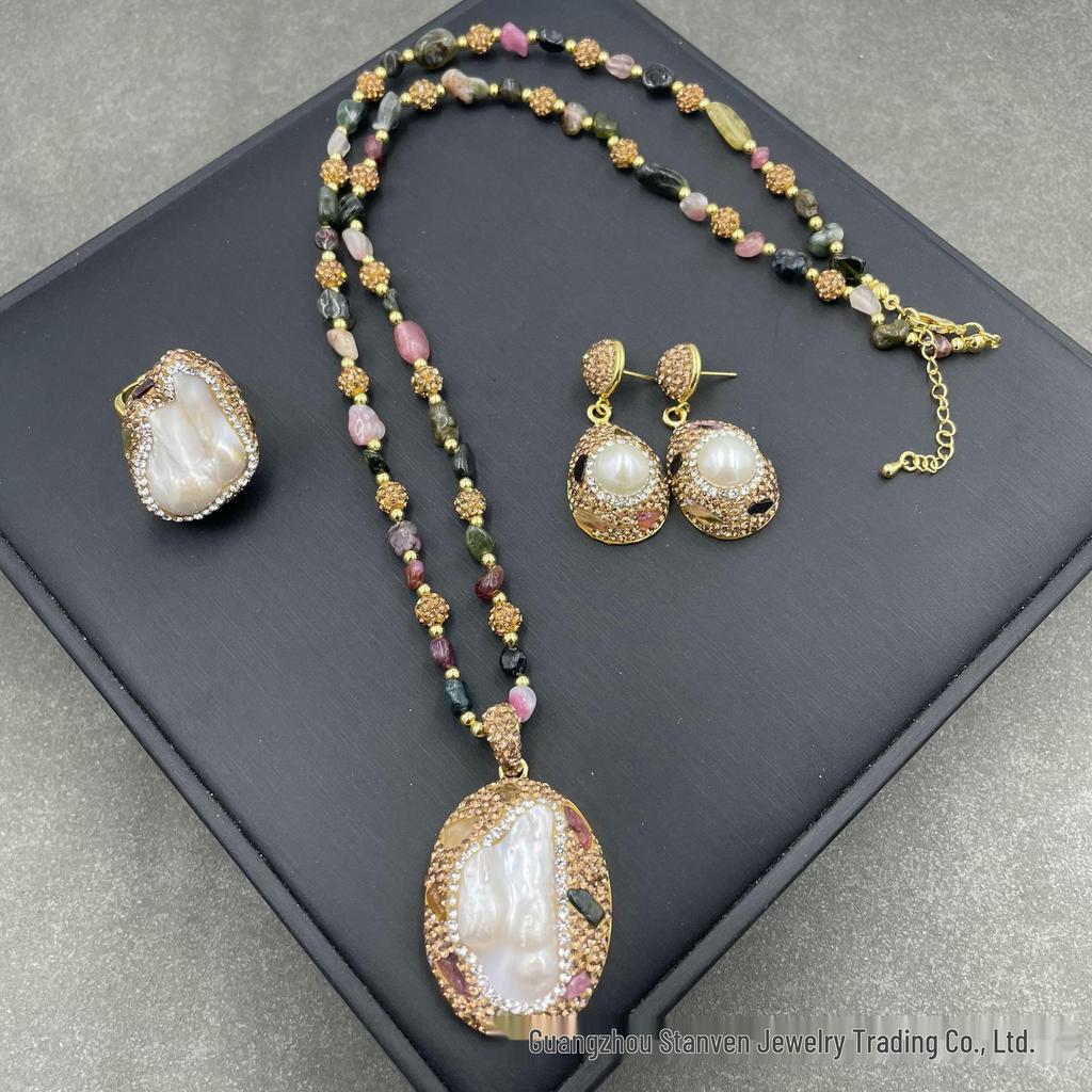 High-End Baroque Pearl & Tourmaline Sweater Chain Three-Piece Set with Natural Freshwater Pearls