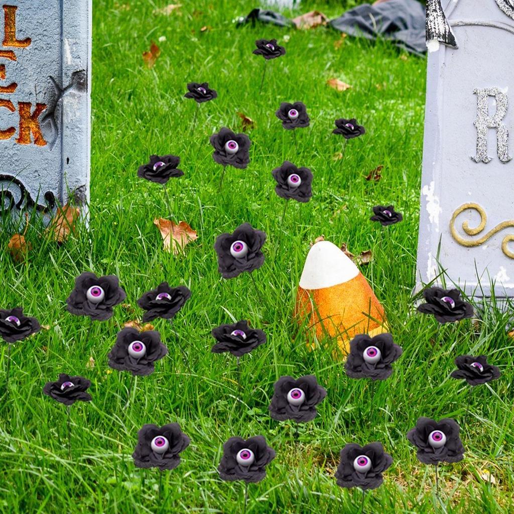 4Pcs/set Halloween Rose Flower Ground Pole Black Rose PVC Simulation Eyeball Flower DIY Garden Courtyard Halloween Decor Gifts