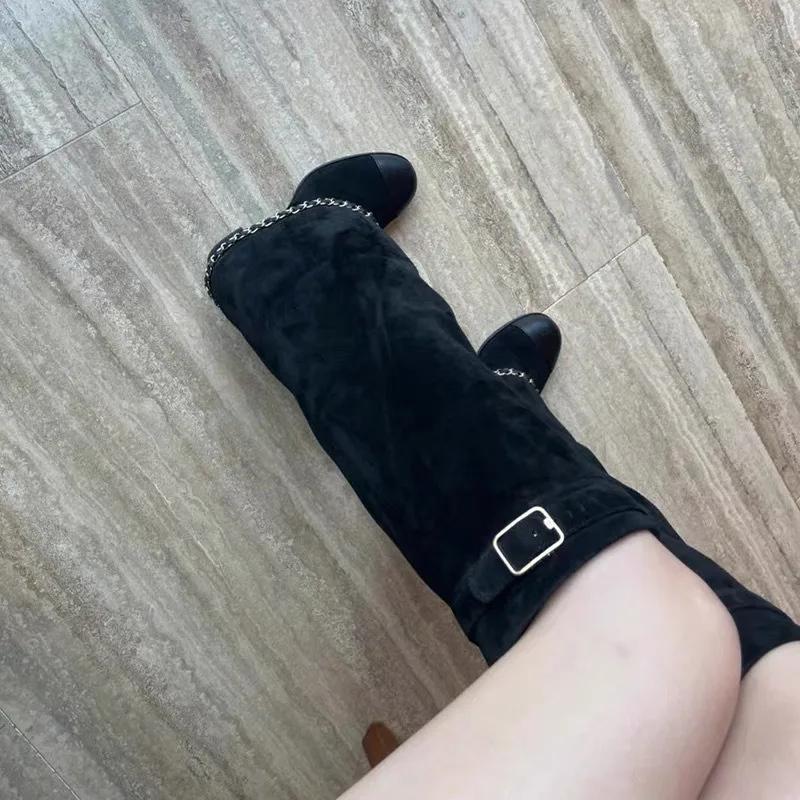 Fashion Brand New Round Toe Thick Heel Chain Belt Buckle Skirt Boots Women's Autumn Winter Fashion Runway Mixed Color Long Shoes Size 43
