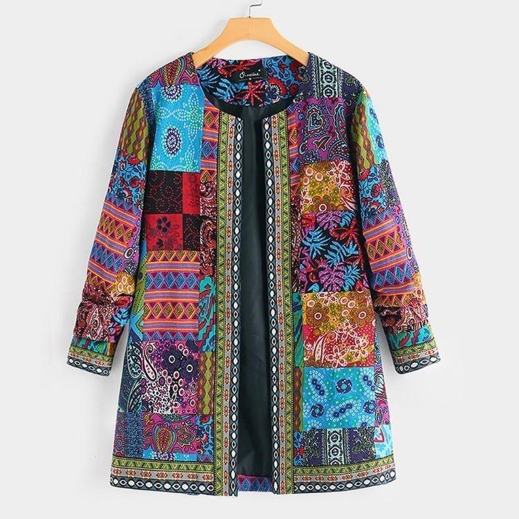 Vintage Floral Print Plus Size Cotton Jacket Women Long Sleeve Ethnic Coat