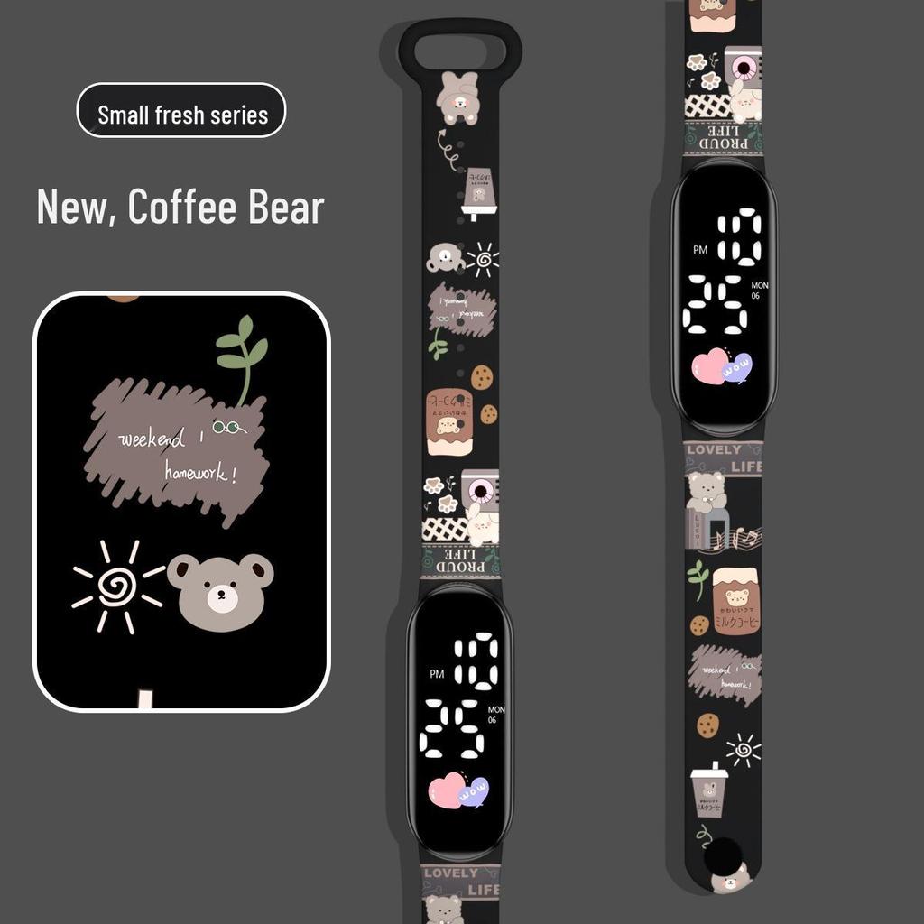 Girls' LED Cartoon Ink Waterproof Sports Watch with Luminous Bracelet Design
