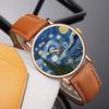 Creative Painting Design Women's Watches Simple Three-pin Leather Strap The Starry Night Ladies Casual Watch Gift For Women Men