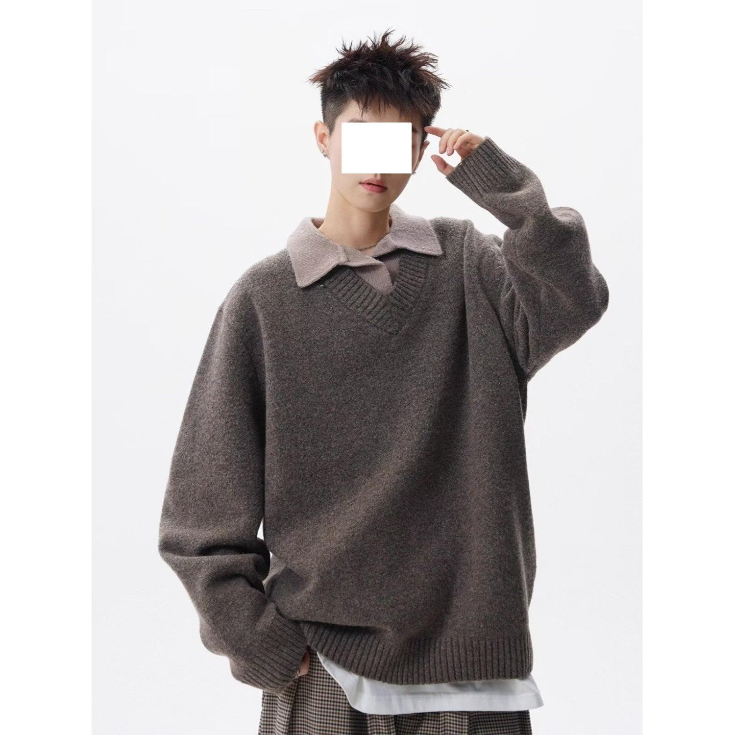 Retro V-Neck Sweater for Men - Old Money Style Knitwear, Autumn Winter Two-Piece Polo Pullover with Lapel Trends XL