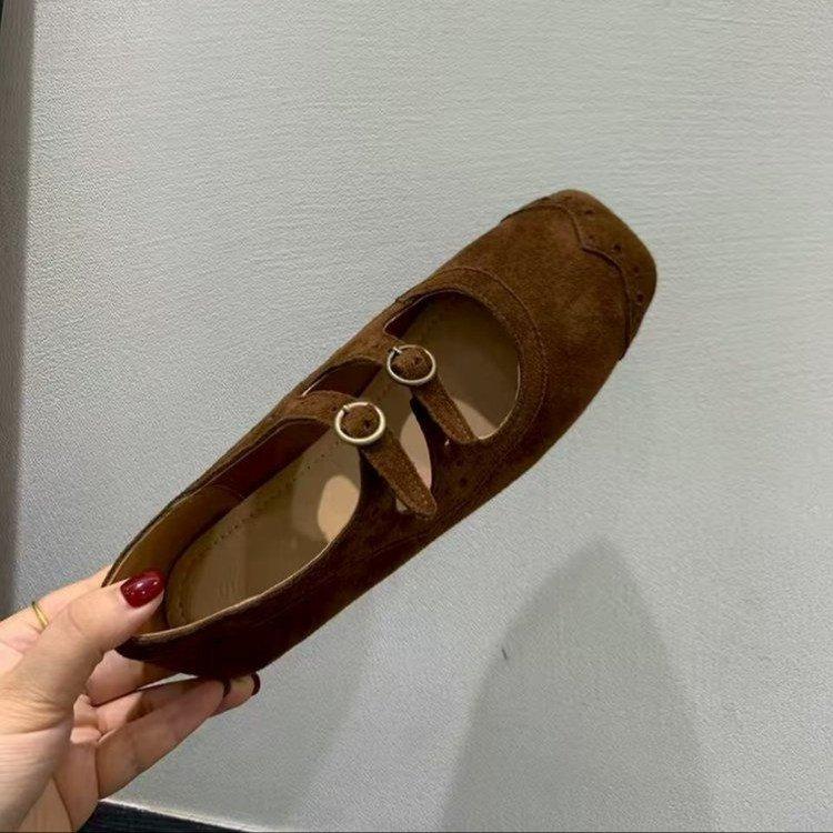 Fashion Spring Autumn Women's Luxury Party Shoes Medium Heel Retro Square Toe Suede Mary Jane Shoes Flat Square Buckle Single Loafers