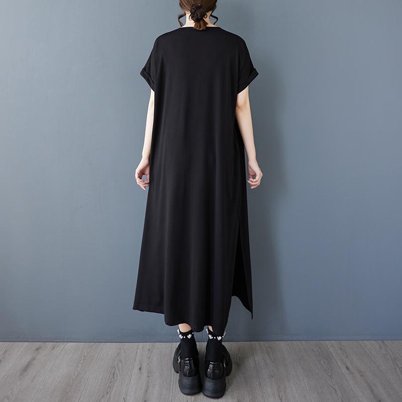 Dimanaf New 2025 Plus Size Summer Dress Women Black Vintage Casual V-Neck Dress Loose Dress Maxi