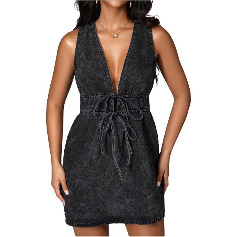 2026 summer deep V-neck bow versatile lazy denim casual denim vest dress XS чёрный