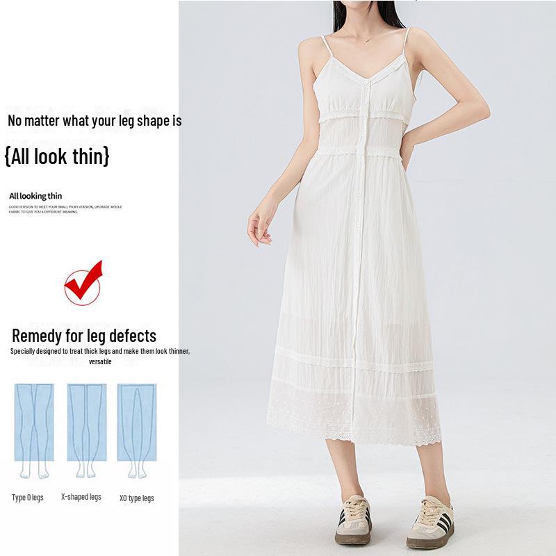 Damen Französisch Inspiriertes Weißes Sommer Trägerkleid, Neuer Stil 2025, Mittellang, Alleskönner, Rein & Elegant.