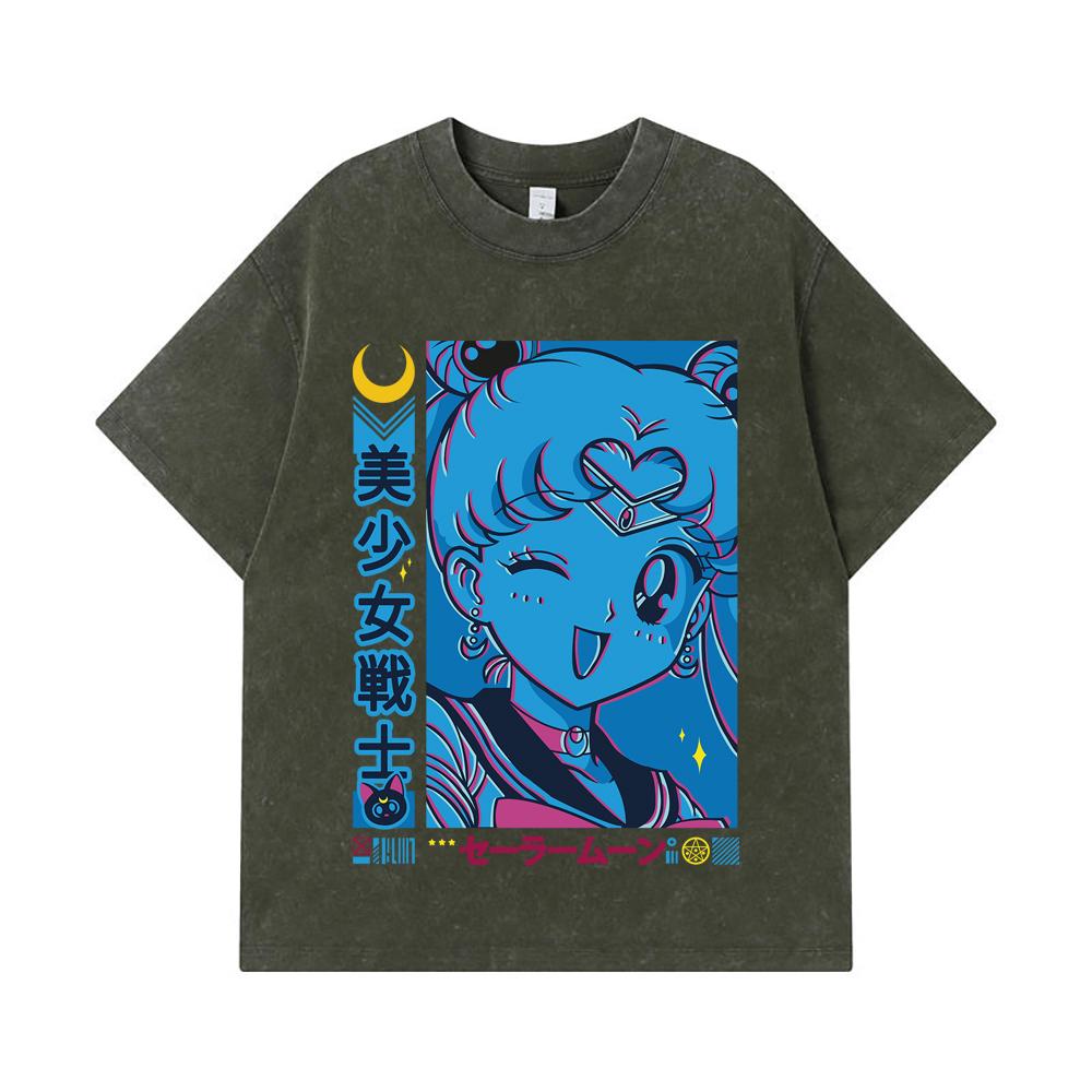 

275 GSM Washed T-shirts 100% Cotton Sailor Moon V13 Print Unisex Heavy Cotton T Shirt S армия зеленый