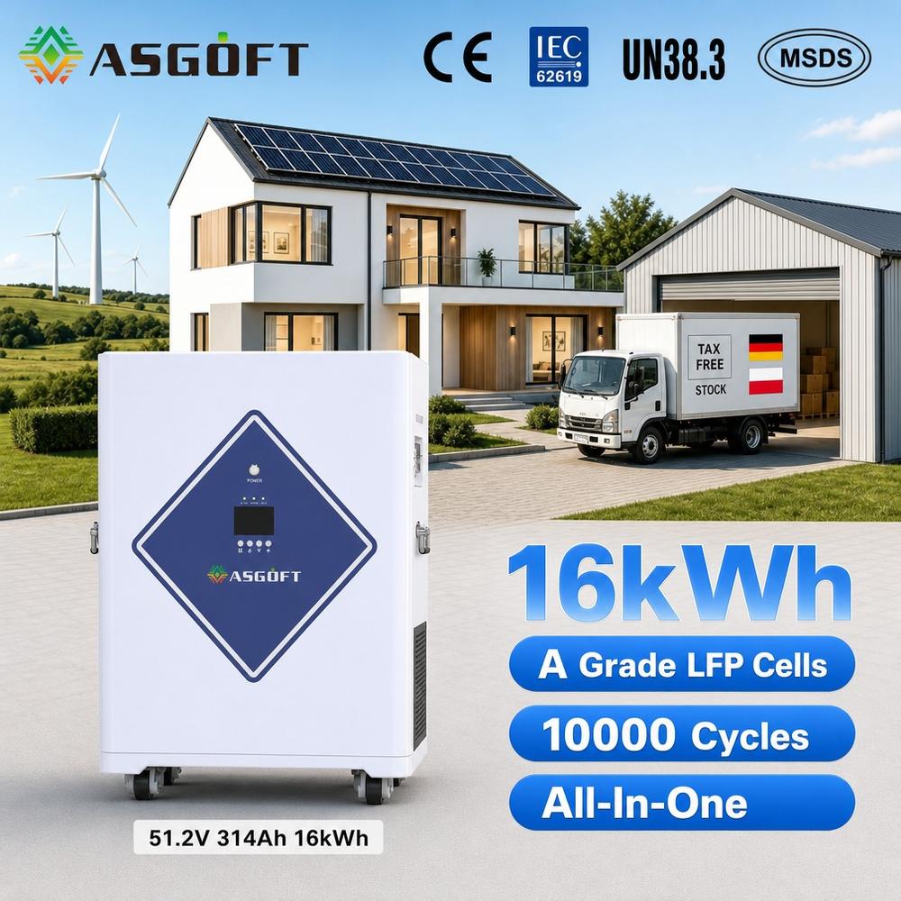 ASGOFT EU Stock All in One 16kWh Solar Battery 51.2V 314Ah 300Ah LiFePO4 Battery with Wheels for Home Energy Storage System