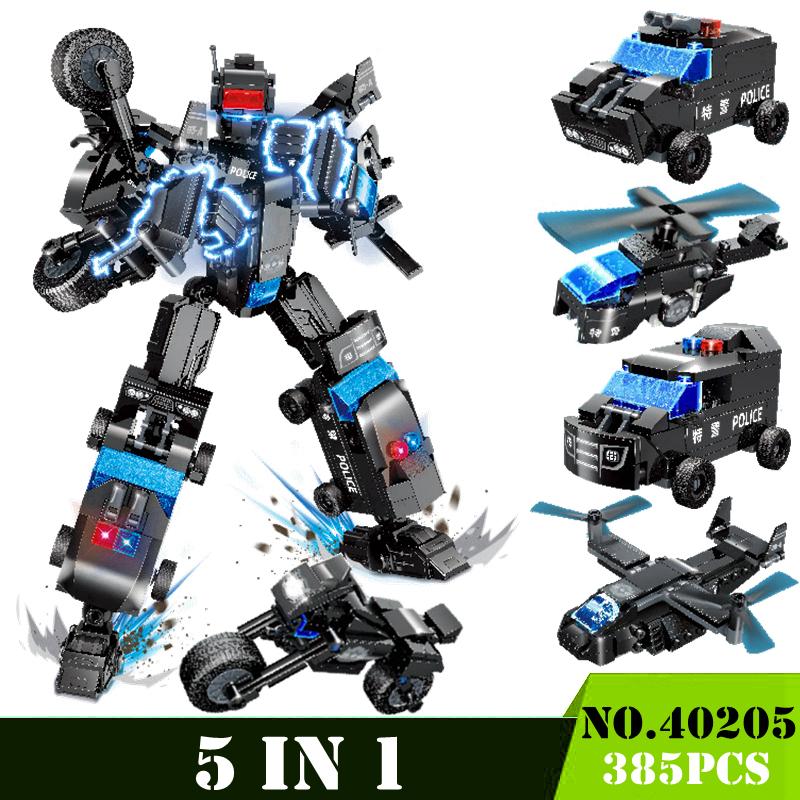 Transformation 6 In 1 City Police Dinosaur Mecha Deformation City Guard Robot Enlighten Block Set Kids Educational Building