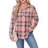Felpa con cappuccio a quadri da donna, scollo a V, dettaglio bottoni, pullover, manica lunga, top casual