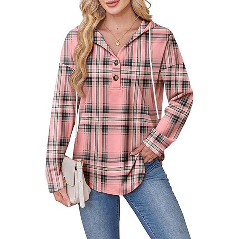 Felpa con cappuccio a quadri da donna, scollo a V, dettaglio bottoni, pullover, manica lunga, top casual