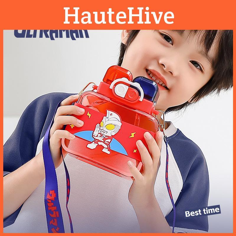 Plastic Ultraman 800ml Double Drinking Bottle Cartoon Sealing Straw Kids Cup blu