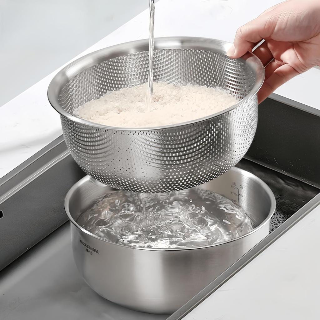 Korekaou Bowl and Colander 304 Stainless 2L 20cm x with Graduated Measuring Drainage Holes Approximately 2mm for Washing Vegetables and Dishwasher