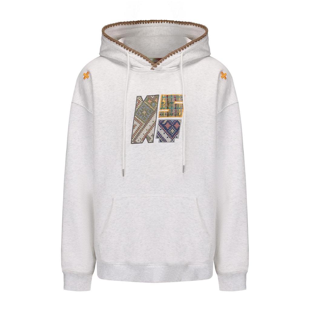 Retro Ethnic Style Men's Fleece-Lined Hooded Sweatshirt with Embroidery
