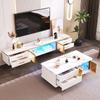 Coffee Table, TV Cabinet, Living Room Furniture, Glass Door, Alloy Frame, Drawers Wave Structure, Gold Handles and Legs, Tabletop Marble Structure.