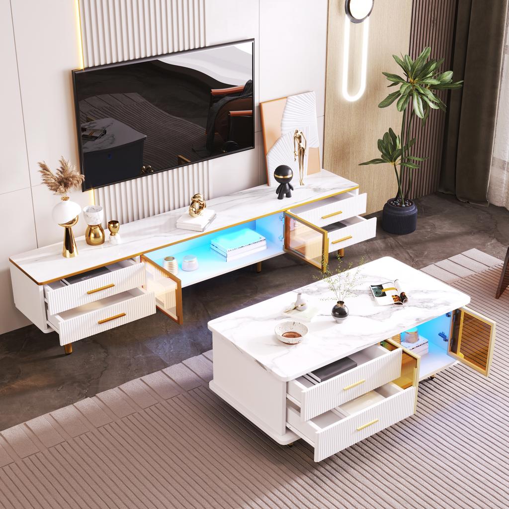 Coffee Table, TV Cabinet, Living Room Furniture, Glass Door, Alloy Frame, Drawers Wave Structure, Gold Handles and Legs, Tabletop Marble Structure.