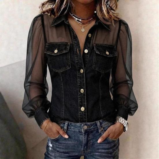 Dame Skjorte Gjennomsiktig Mesh Lappeteppe Kald Skulder Langermet Denim Topper Krage Knapper Stolpe Skjorte Country Konsert Klær