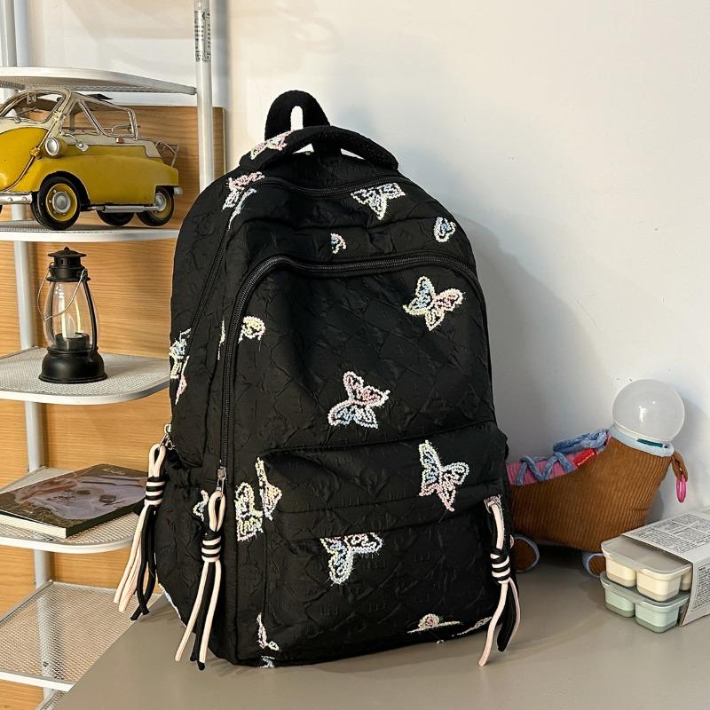 Butterfly Embroidery Backpack Casual Daily Bag Large Capacity School Bag for Students Commuters Minimalist Fashion Design with Tassel Details