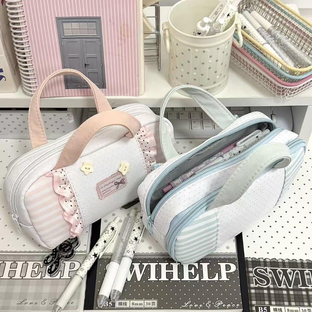 Portable Ruffle Design Pencil Case with Handle Large Capacity Pen Bag Polka Dot Print Stationery Storage Bag Gift