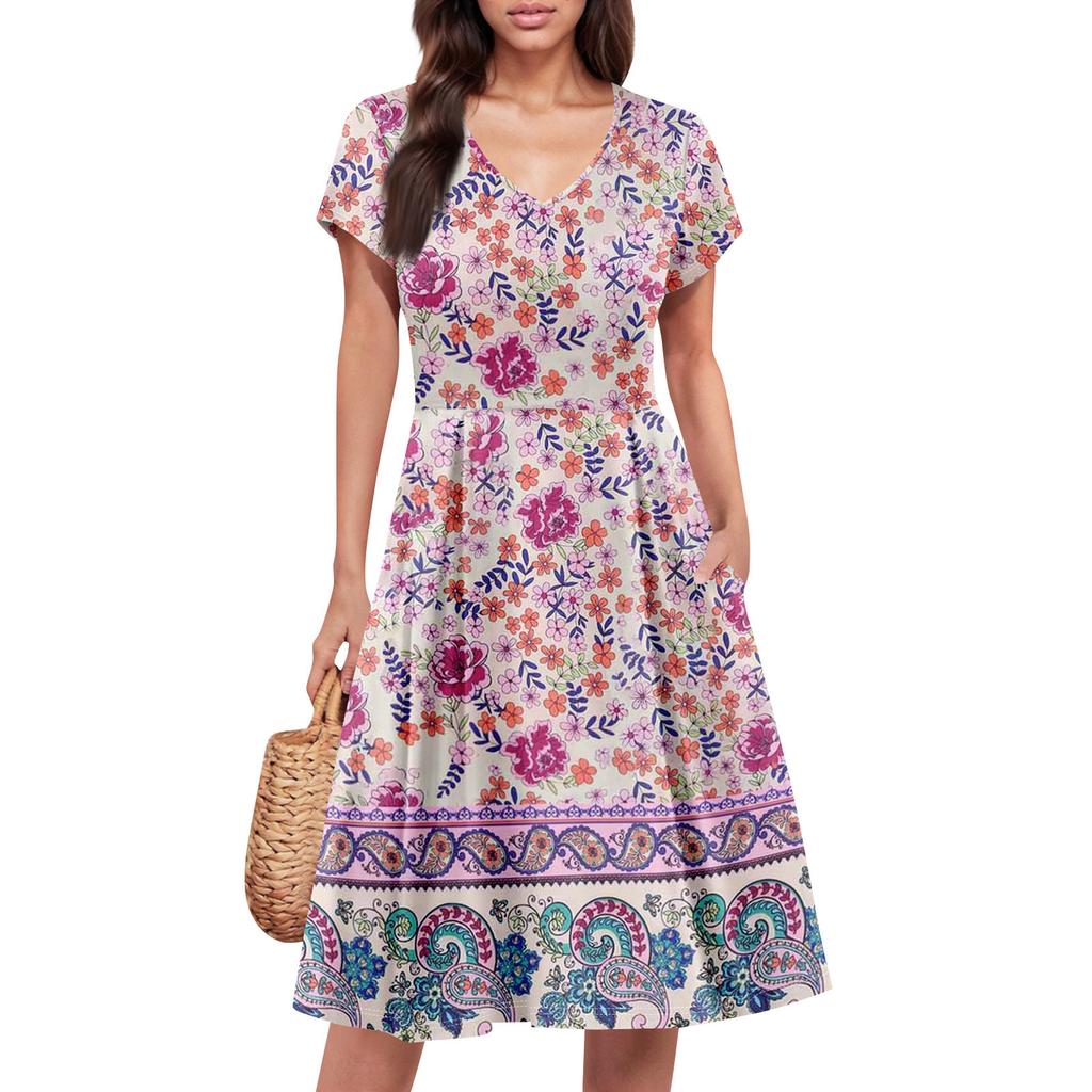 Damek sommerkjole Kortermet V-hals Korte kjoler Mote Casual Flytende A-linje Sving Solkjole med lomme