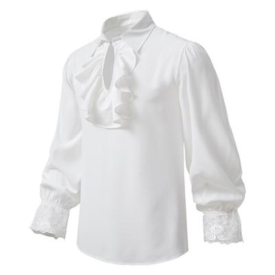 Men Shirt Stand Collar Lapel Ruffle Lace Long Sleeve Pullover Steampunk Retro Medieval