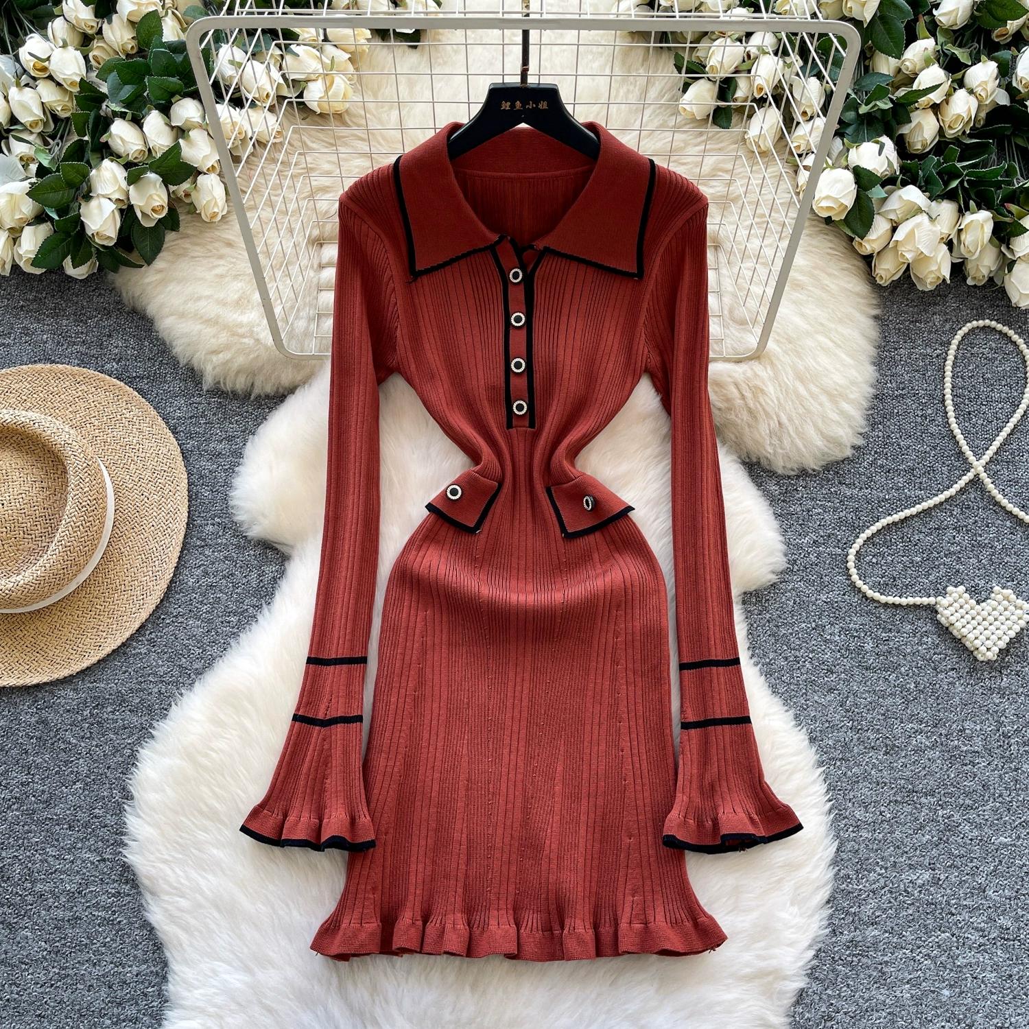 

Осень Зима Женский Элегантный Трикотажный Свитер с Отложным Воротником и Рукавами Клеш, Офисный Рабочий Мини Короткий Пуловер Платья One Size коричневый