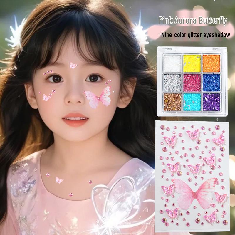 Children's Sequin Eyeshadow & Butterfly Rhinestone Stickers - Glue-Free, Self-Adhesive Stage Makeup for Performances