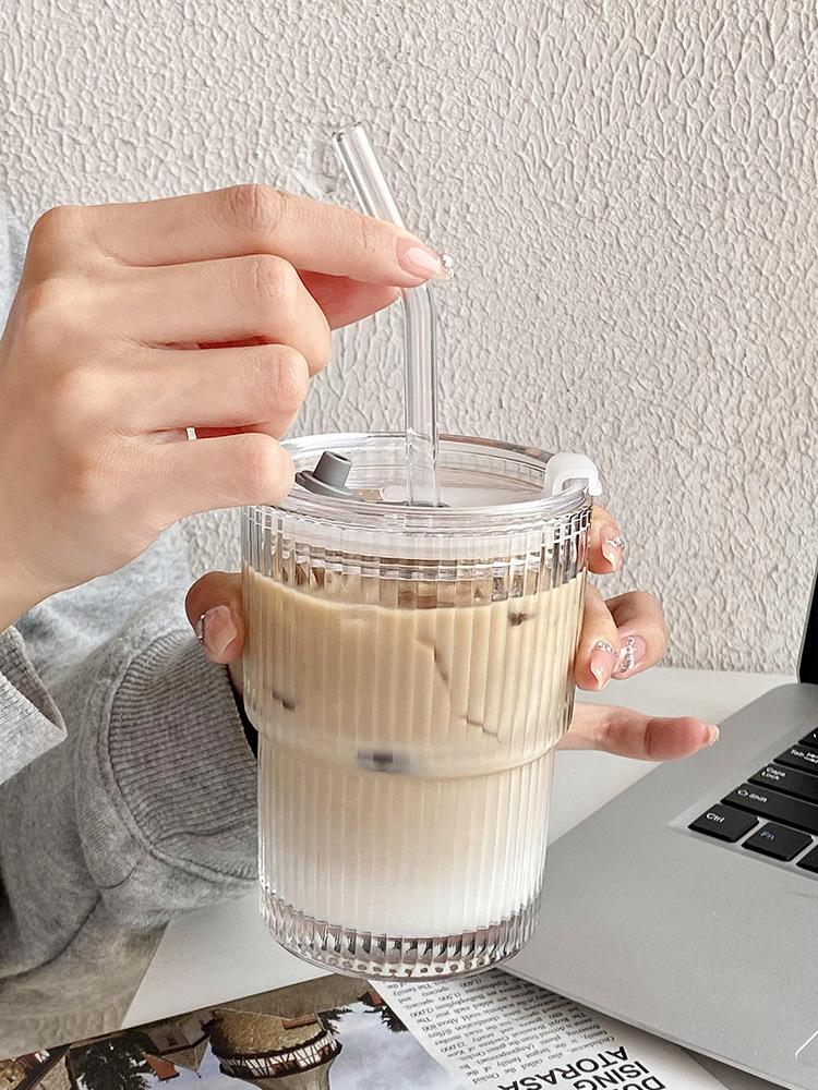 450ML Stripe Glass Coffee Cup With Lid and Straw Transparent Drinking Glasses for Juice Milk Tea Cups Iced Coffee Mugs Drinkware