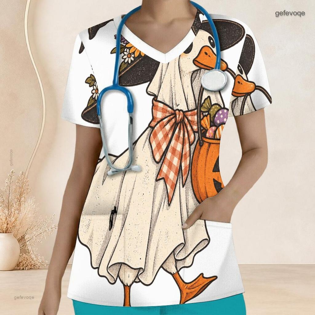 Women Plus Size V Neck Short Sleeve Scrub Top Black Cat Witch Hat Pumpkin Mushroom Halloween Print Nurse Uniform Top