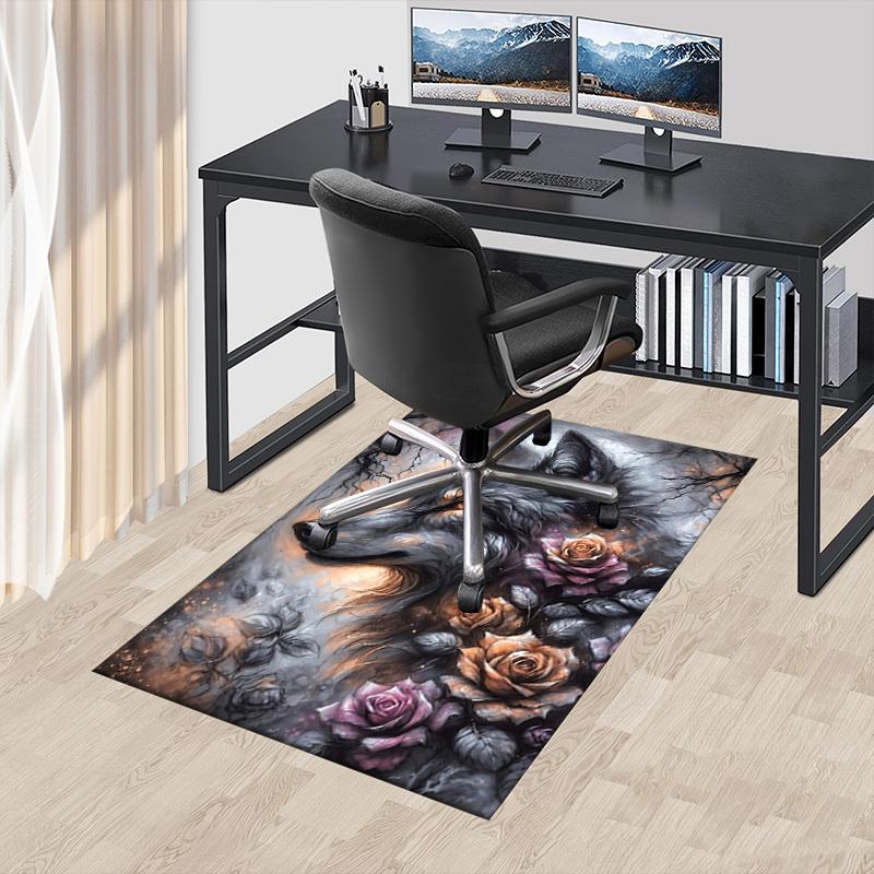 1pc Wolf Roses Themed Rug for Home Decor, Non-slip Office Carpet, Chair Mat, Outdoor Mat, Christmas and Halloween Gifts-0731127