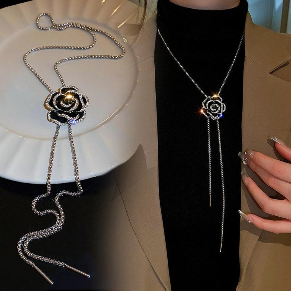 Zinc Zinc Alloy Rhinestone Brooch Silver Clavicle Chain Sweater Chain Women Long Necklace  Gift