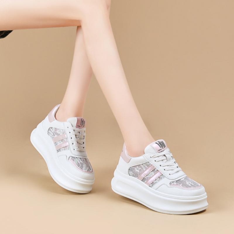 Mesh Breathable White Shoes for Women Spring Thick-soled Platform Thin Casual Shoes Color Matching Lace Sneakers