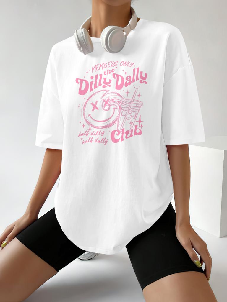 Dilly Dally Club Print Tshirts Women Summer Casual Loose Short Sleeve Tees Hipster Cute Aesthetic Astrology Tops