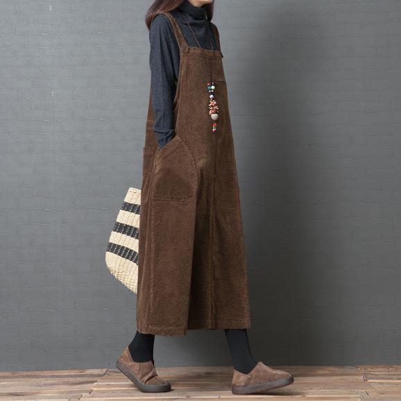 Autumn Solid Color Corduroy Literary Retro Dress Women Loose Large Size Slimming Strap