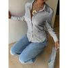 Blouses & Shirts - Spring Autumn Women's Vertical Striped French Long Sleeve Shirt, Design Sense Slim Waist Fitted Blouse Women, Crossborder Top