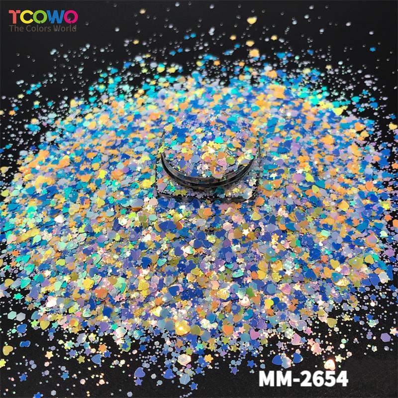 Iridescent Color Mix Heart Star Hexagon Shape Nail Eye Glitter for Resin Tumblers Crafts Makeup Festival Party