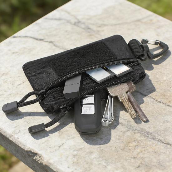 Mini Tactical Pouch Zippered EDC Utility Pouch with Carabiner Military Keychain Pouch Wallet for Belt Backpack Camping Hiking Hunting