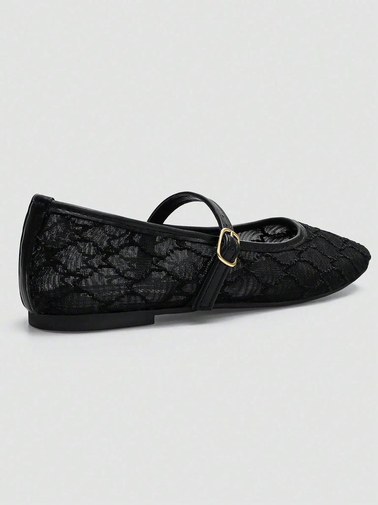 Women's Black Square Toe Ballet Mary Jane Flats with Geometric Square Pattern and Black Buckle Strap