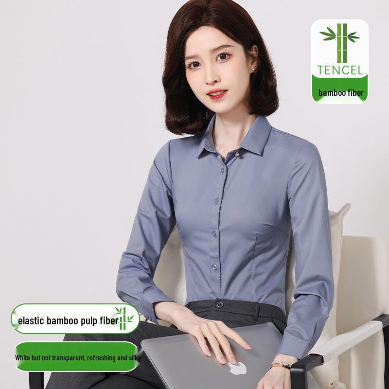 Women's Slim Fit Long Sleeve Bamboo Fiber Anti-Wrinkle White Shirt for Business or Casual Wear