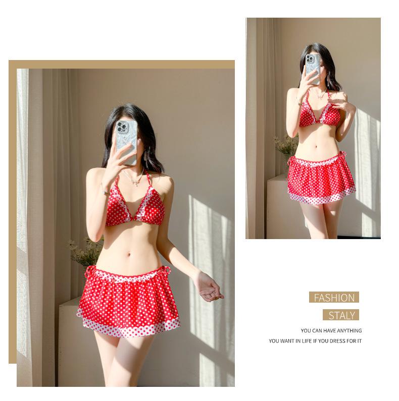 Pure Desire Polka Dot Long Sleeve Bikini with Cute Cake Skirt - Women's 4-Piece Set