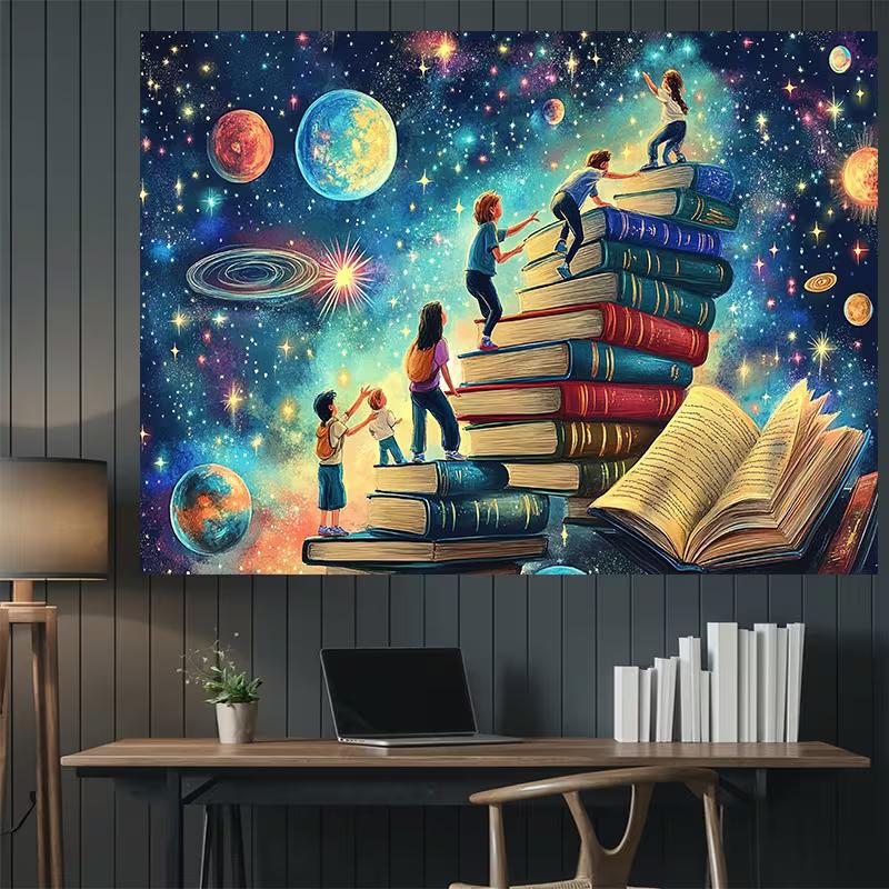 2D Kids Book Galaxy Backdrop Banner - Magical Reading Space Photo Background