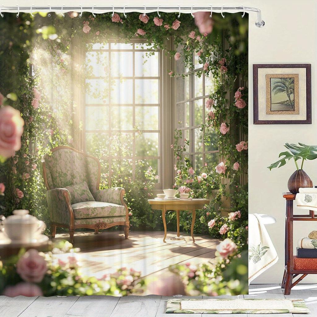 Exquisite Duschvorhang mit Blumenmuster 12 Haken Geeignet für Zimmer Haus Hotel Maschinenwaschbar Vorhänge Badezimmer Einteilig