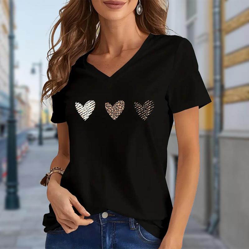 

Fashion Leopard Print Love Pattern Painting Blouses Short Sleeved V-Neck T Shirts Casual XS чорний