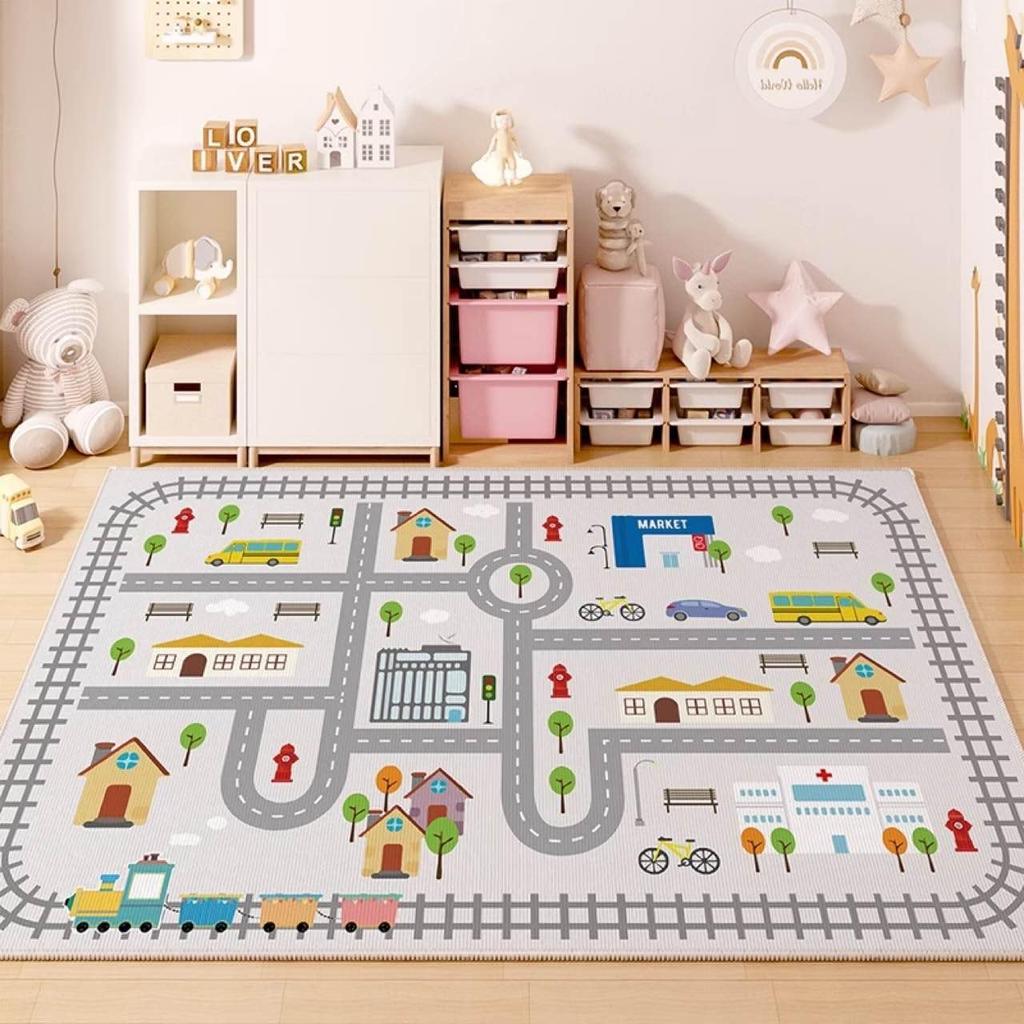 AIMECO Kids Play Mat, Road, Traffic, and Number Pattern, Stain-Resistant, Non-Slip, Thin, 160 x 200 cm (approx. 2 tatami mats), Ideal for Early
