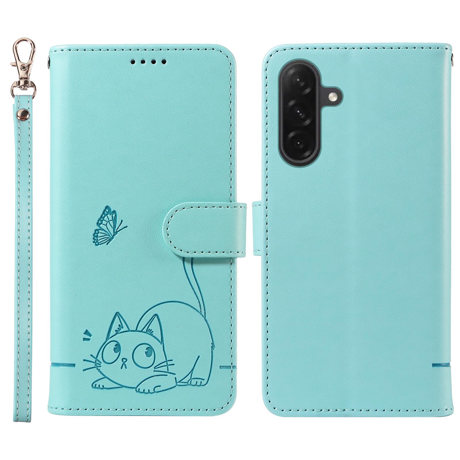 

Чехол-кошелек для Samsung Galaxy A26 5G/A16 5G/A16 4G, кожаный чехол для телефона с тиснением кошачьего узора и ремешком на запястье Green