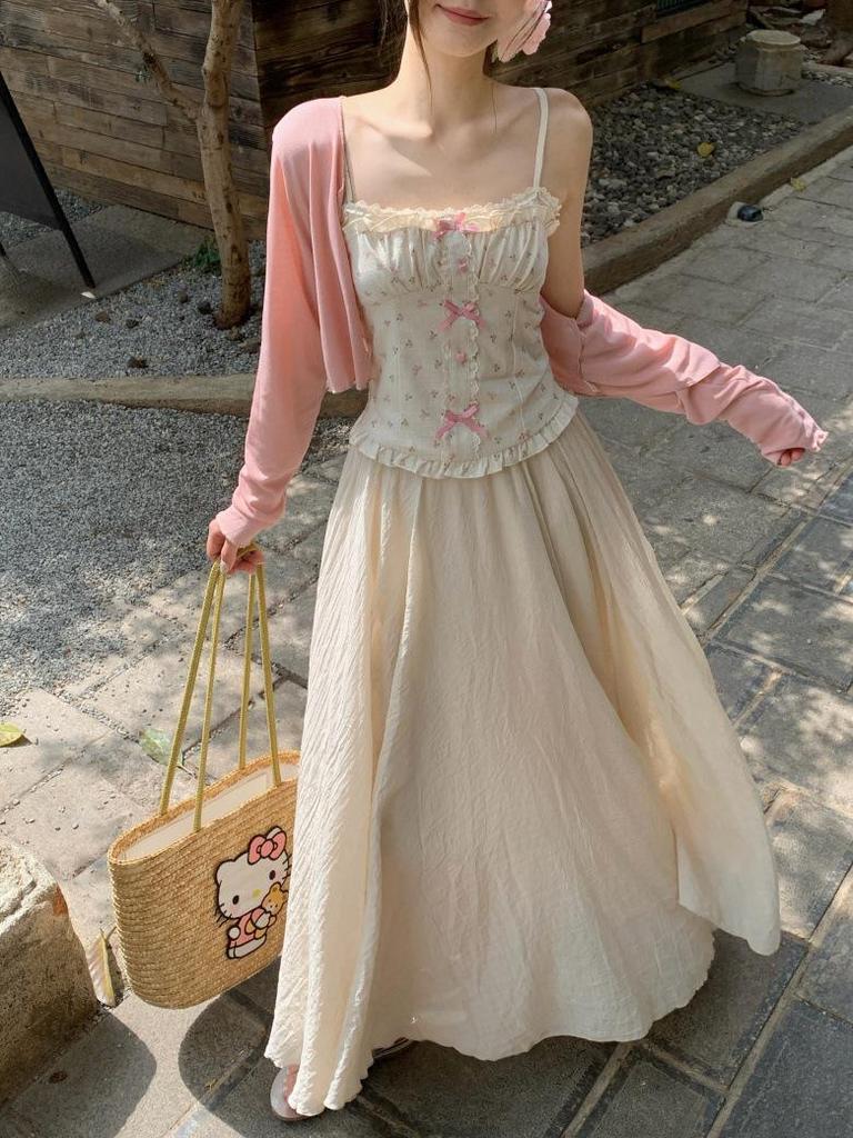 Plus Size Floral Camisole, Wide Hem Skirt & Long Sleeve Cardigan Three-Piece Set for Women