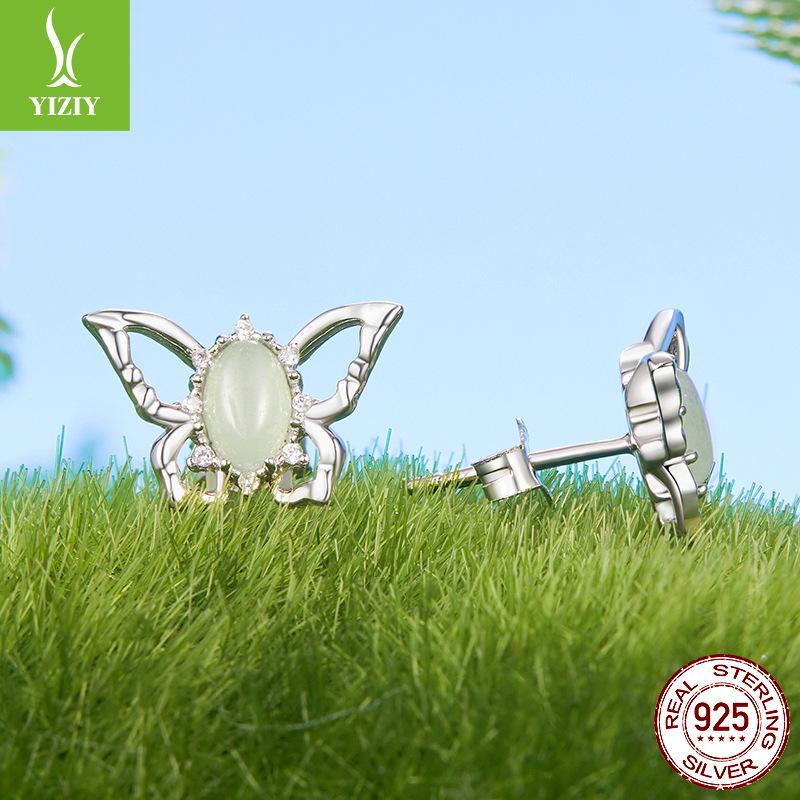 Frühlings-Schmetterlings-Ohrstecker Damen, eingelegter Jade-Modeschmuck S925 Silber personalisierte Ohrstecker