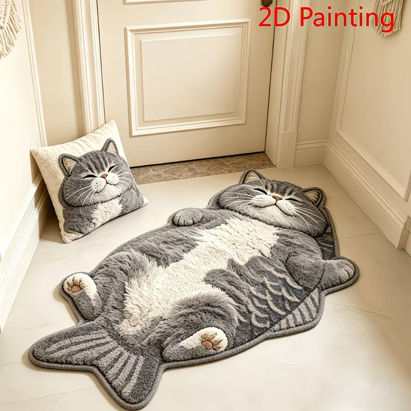 Lying Tabby Cat Shaped Non Slip Floor Mat Soft Water Absorbent Bathroom Bedroom Entrance Home Decor Rug