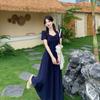 Plus Size Elegant French Style High Waist Bowknot Dress - Short Sleeve, Solid Color, Skin-Brightening, Slimming, Long Length